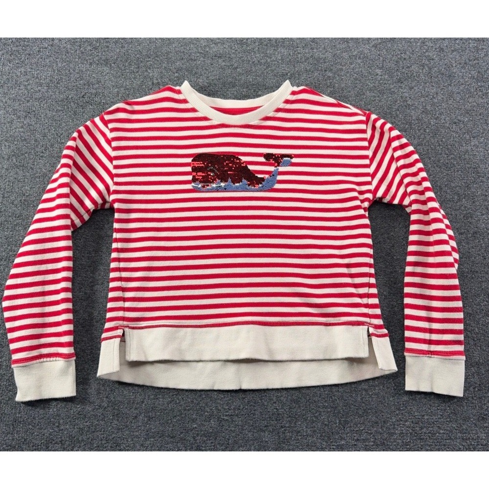 Vineyard Vines Girls Red White Striped Sequin Whale Sweatshirt Size M 10-12